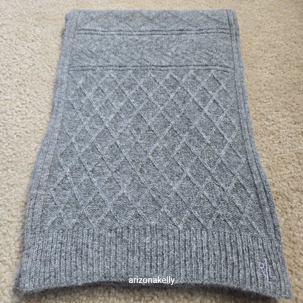 Lauren Ralph Lauren Lambswool Angora Scarf Cable Diamond Poinetlle Grey - Picture 11 of 14